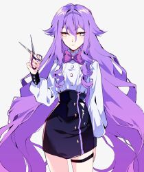 1girl :| absurdres aer007580 black_skirt bow breasts buttons closed_mouth hair_between_eyes highres holding holding_scissors honkai_(series) honkai_impact_3rd long_sleeves looking_at_object purple_bow purple_hair scissors shirt simple_background sirin sirin_(magic_academy_uniform) sirin_(miracle_magical_girl) skirt small_breasts solo thigh_strap twintails upper_body white_background white_shirt white_sleeves yellow_eyes