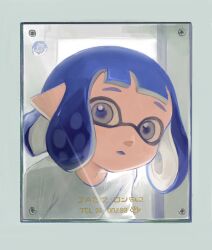 Rule 34 | 1girl, blue hair, blue pupils, blue tongue, blush, colored tongue, commentary request, dokkoi yuzame, grey eyes, head tilt, highres, inkling, inkling (language), inkling girl, inkling player character, looking at mirror, mirror, nintendo, parted lips, pointy ears, reflection, shirt, short hair, solo, splatoon (series), sticker, suction cups, tentacle hair, upper body, white shirt