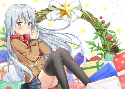 Rule 34 | 1girl, alternate costume, black skirt, black thighhighs, blue eyes, blush, box, brown coat, coat, gift, gift box, hair between eyes, hibiki (kancolle), kantai collection, long hair, long sleeves, mikoillust, no headwear, no headwear, open mouth, pleated skirt, red scarf, scarf, silver hair, skirt, solo, star (symbol), thighhighs