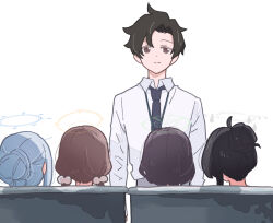 Rule 34 | 1boy, 4girls, black hair, black necktie, blue archive, blue archive the animation, brown hair, closed mouth, collared shirt, commentary request, drum (container), grey eyes, grey hair, hair bun, halo, ichihi (spinon), in container, lanyard, looking at viewer, male focus, miyako (blue archive), miyu (blue archive), moe (blue archive), multiple girls, necktie, rabbit platoon (blue archive), saki (blue archive), scene reference, sensei (blue archive), sensei (blue archive the animation), shirt, short hair, simple background, smile, solo focus, white background, white shirt