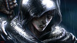 Rule 34 | 1boy, absurdres, anniechromes, artist name, berserk, black cloak, black hair, blood, blood on face, cloak, close-up, commentary, guts (berserk), highres, holding, holding weapon, hood, hood over one eye, hood up, injury, male focus, one eye covered, open mouth, parted lips, rain, red eyes, solo, symbol-only commentary, teeth, upper teeth only, weapon, weapon on back