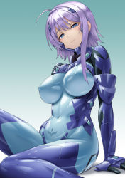Rule 34 | 1girl, ahoge, armor, blue bodysuit, blue eyes, bodysuit, covered erect nipples, covered navel, cryska barchenowa, fortified suit, gradient background, highres, impossible bodysuit, impossible clothes, kurione (zassou), light purple hair, muv-luv, muv-luv alternative, muv-luv total eclipse, pilot suit, see-through bodysuit, shiny clothes, short hair, skin tight, smile, solo