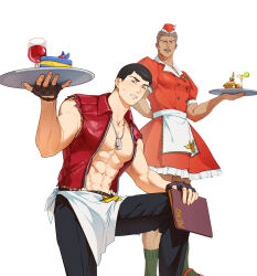 Rule 34 | 2boys, abs, alternate costume, apron, bara, black hair, dog tags, dress, facial hair, feet out of frame, grey hair, highres, holding, holding menu, holding tray, large pectorals, looking at viewer, male focus, mature male, menu, multiple boys, muscular, muscular male, mustache, old, old man, on one knee, pectoral cleavage, pectorals, poyosoftware, red dress, ryuji satake, short hair, sideburns stubble, standing, stomach, stubble, sweatdrop, thick eyebrows, thick mustache, thomas j. prahmman, tray, waist apron, waiter, yuuki bakuhatsu bang bravern