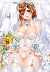 Rule 34 | 1girl, :d, alternate costume, artist name, atelier (series), atelier ryza, atelier ryza 3, bare shoulders, bouquet, breasts, bridal lingerie, bridal veil, brown eyes, brown hair, cameltoe, clothing cutout, commentary request, curtains, dress, fang, flower, garter belt, hair flower, hair ornament, hairclip, holding, holding bouquet, indoors, large breasts, lingerie, marker (medium), navel, navel cutout, nordic niku, open mouth, panties, reisalin stout, revealing clothes, rose, sample watermark, short hair, single sidelock, skin fang, smile, solo, test tube, thighhighs, traditional media, underwear, veil, watermark, wedding dress, white dress, white flower, white garter belt, white panties, white rose, white thighhighs, white veil, window, x hair ornament