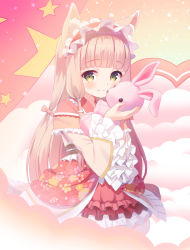 Rule 34 | 1girl, animal ear fluff, animal ears, blunt bangs, blush, bow, brown bow, chitosezaka suzu, closed mouth, commentary request, dress, floral print, fox ears, green eyes, hair bow, holding, holding stuffed toy, light brown hair, long hair, long sleeves, looking at viewer, maho (princess connect!), pink dress, princess connect!, smile, solo, split mouth, star (symbol), stuffed animal, stuffed rabbit, stuffed toy, very long hair, wide sleeves