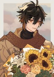 Rule 34 | 1boy, antenna hair, border, bouquet, brown eyes, brown hair, brown jacket, brown scarf, brown sweater, closed mouth, commentary, english commentary, flower, genshin impact, hair between eyes, highres, holding, holding bouquet, jacket, lapels, lily (flower), looking at viewer, male focus, misu 025, multicolored hair, open clothes, open jacket, outside border, pink flower, pink rose, rose, scarf, sidelocks, smile, solo, sunflower, sweater, turtleneck, turtleneck sweater, upper body, white border, white flower, white rose, yellow flower, zhongli (genshin impact)