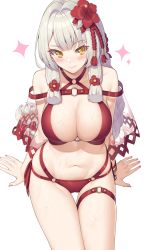 Rule 34 | 1girl, arm support, bare shoulders, bikini, black survival, blunt bangs, blush, breasts, cleavage, closed mouth, collarbone, dated commentary, eternal return: black survival, flower, groin, hair flower, hair intakes, hair ornament, hair ribbon, halterneck, highres, hop3, large breasts, long hair, looking to the side, midriff, minami rio, multi-strapped bikini, navel, o-ring, o-ring bikini, official alternate costume, red bikini, ribbon, rio (black survival), side-tie bikini bottom, sidelocks, simple background, sitting, solo, sparkle, swimsuit, tassel, thigh strap, thighs, tress ribbon, white background, white hair, yellow eyes