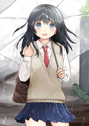 Rule 34 | 1girl, :d, bag, black hair, blue eyes, blue skirt, collared shirt, commentary request, day, hair between eyes, hand up, highres, holding, holding umbrella, kurata rine, long hair, long sleeves, looking at viewer, necktie, open mouth, original, outdoors, pleated skirt, rain, red necktie, school bag, school uniform, shirt, skirt, smile, solo, sweater vest, transparent, transparent umbrella, umbrella, white shirt
