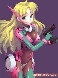 Rule 34 | 1girl, ahoge, alicia satsuki mcclane, aqua eyes, armor, black bodysuit, blonde hair, bodysuit, bracer, breastplate, closed mouth, copyright name, covered navel, crotch plate, eyebrows, gloves, gun, handgun, headset, holding, holding gun, holding weapon, junketsu duelion, leg armor, long hair, looking at viewer, mecha musume, multicolored clothes, official art, pink armor, pistol, purple background, shiny clothes, shoulder pads, simple background, skin tight, smile, solo, standing, translated, trigger discipline, weapon, wrist guards, yangsion