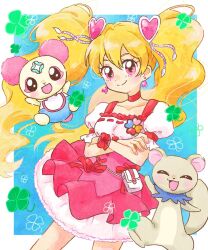 Rule 34 | 1girl, blonde hair, bow, chiffon (fresh precure!), choker, clover, commentary request, crossed arms, cure peach, earrings, four-leaf clover, fresh precure!, hair ornament, heart, heart hair ornament, hoppetoonaka3, jewelry, long hair, looking at viewer, magical girl, momozono love, pink eyes, precure, simple background, skirt, smile, tart (fresh precure!), twintails