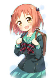 Rule 34 | 1girl, :d, bag, blush, bow, briefcase, hair bow, hataraku maou-sama!, kito (sorahate), looking at viewer, open mouth, red hair, sasaki chiho, school bag, school briefcase, school uniform, serafuku, short hair, short twintails, skirt, smile, solo, twintails, two side up, yellow eyes