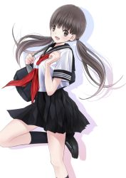 Rule 34 | 1girl, bad id, bad nicoseiga id, barefoot, brown eyes, brown hair, chikuwa (glossymmmk), chikuwa (odennabe), long hair, looking at viewer, neckerchief, open mouth, scarf, school uniform, serafuku, shadow, smile, socks, solo, transparent background, twintails