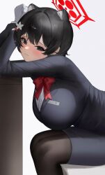 Rule 34 | 1girl, absurdres, animal ear fluff, animal ears, bear ears, bear girl, black coat, black eyes, black hair, black pantyhose, black skirt, blue archive, blush, bow, bowtie, breasts, closed mouth, coat, from side, gloves, halo, hashtag-only commentary, highres, large breasts, looking at viewer, official alternate costume, pantyhose, red bow, red bowtie, red halo, ryu o, shirt, short hair, simple background, skirt, solo, tsubaki (blue archive), tsubaki (guide) (blue archive), very short hair, white background, white gloves, white shirt