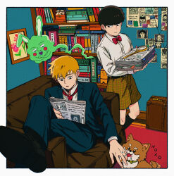 Rule 34 | 2boys, alien (mob psycho 100), animal, animal ears, black hair, black pants, blonde hair, book, bookshelf, border, bow, bowtie, character request, closed mouth, cm wm, collared shirt, commentary request, crossed arms, dog, ekubo (mob psycho 100), formal, highres, holding, holding newspaper, indoors, kageyama shigeo, long sleeves, looking at another, magnifying glass, male focus, mob psycho 100, multiple boys, newspaper, outside border, pants, rabbit ears, reading, red bow, red bowtie, reigen arataka, shirt, shoes, short hair, shorts, sitting, smile, spirit, standing, suit, white border