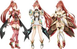 alternate_costume artist_request breasts cosplay glimmer_(xenoblade) highres large_breasts mythical_pokemon mythra_(xenoblade)_(cosplay) nia_(blade)_(xenoblade) nia_(blade)_(xenoblade)_(cosplay) nia_(xenoblade) ponytail pyra_(xenoblade) pyra_(xenoblade)_(cosplay) red_eyes xenoblade_chronicles_(series) xenoblade_chronicles_2 xenoblade_chronicles_3 xenoblade_chronicles_3:_future_redeemed