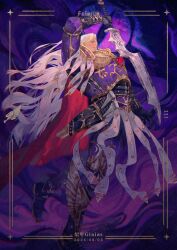 armor cape dated fulgrim ginias highres long_hair science_fiction signature standing standing_on_one_leg sword weapon white_hair