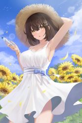 Rule 34 | 1girl, arikawa rui, arm up, armpits, bare arms, blue sky, bottle, bracelet, breasts, brown eyes, brown hair, cleavage, cloud, collarbone, commentary, crossed bangs, day, dress, english commentary, flower, hair ornament, hairclip, hand on headwear, hat, highres, holding, holding bottle, jewelry, lens flare, looking at viewer, medium breasts, original, outdoors, parted lips, petals, ramune, sideboob, sky, standing, straw hat, summer, sundress, sunflower, white dress, x hair ornament