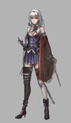 Rule 34 | 1girl, alternate costume, belt, boots, braid, concealed weapon, elbow gloves, full body, gloves, headdress, high heels, highres, izayoi sakuya, kishiyo, knife, looking at viewer, red eyes, shoes, silver hair, simple background, single braid, smile, solo, sword, thigh strap, thighhighs, touhou, weapon, white gloves, white thighhighs