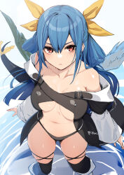 1girl asymmetrical_wings bare_shoulders blue_hair breasts detached_sleeves dizzy_(guilty_gear) from_above frown guilty_gear guilty_gear_xx hair_ribbon highres large_breasts long_hair looking_at_viewer meth_(emethmeth) navel red_eyes revealing_clothes ribbon skindentation solo tail tail_ornament tail_ribbon thighhighs twintails wings yellow_ribbon