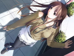 Rule 34 | 1girl, anklet, black leggings, breasts, brown eyes, brown hair, day, dutch angle, from above, game cg, hashimoto takashi, hiiragi ayumi, jewelry, leggings, long hair, looking away, medium breasts, necklace, off-shoulder, off-shoulder sweater, off shoulder, outdoors, pavement, shadow, sidelocks, sleeves past wrists, solo, sweater, white breath