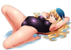 Rule 34 | 10s, 1girl, armpits, atago (kancolle), bad id, bad pixiv id, blonde hair, blue eyes, full body, hat, kantai collection, long hair, lying, neri sachiko, on back, one-piece swimsuit, simple background, solo, swimsuit, white background
