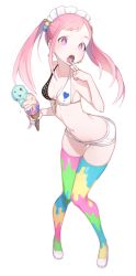 Rule 34 | 1girl, asymmetrical legwear, bikini, blue nails, earrings, food, front-tie bikini top, front-tie top, full body, halterneck, heart, ice cream, ice cream cone, jewelry, leaning forward, licking, licking finger, maid headdress, md5 mismatch, midriff, mimizubare, mismatched legwear, multicolored clothes, multicolored legwear, nail polish, navel, pigeon-toed, pink eyes, pink hair, resized, short shorts, shorts, simple background, solo, swimsuit, thigh gap, thighhighs, tongue, tongue out, twintails, white background