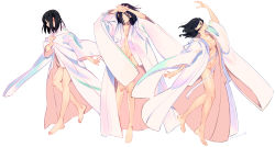 Rule 34 | 1girl, bare legs, barefoot, convenient censoring, dancing, hand up, highres, japanese clothes, kimono, long sleeves, multiple views, naked kimono, original, parted lips, purple eyes, purple hair, short hair, signature, simple background, standing, umishima senbon, white background, wide sleeves