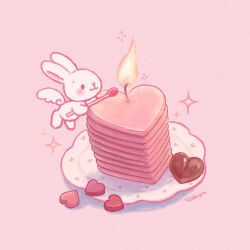 Rule 34 | artist name, blush, candle, candy, chocolate, chocolate heart, commentary request, fire, flying, food, heart, holding, holding matchstick, matches, midair, no humans, object focus, original, pink background, pink theme, rabbit, signature, simple background, solo, sparkle, sweets, tokoyu, white rabbit (animal)