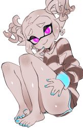 Rule 34 | 1girl, bare legs, barefoot, black shorts, blue nails, closed mouth, dolphin shorts, feet, fingernails, furrowed brow, hand on own thigh, highres, inkling, inkling girl, inkling player character, jtveemo, legs, long sleeves, looking at viewer, nail polish, nintendo, pink eyes, pointy ears, shirt, short hair, short shorts, shorts, simple background, sitting, smile, solo, splatoon (manga), splatoon (series), striped clothes, striped shirt, tentacle hair, thighs, toenail polish, toenails, twintails, white background