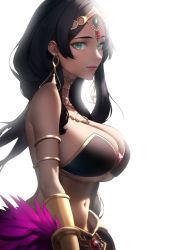 Rule 34 | 1girl, ai-assisted, black bra, black hair, bra, breasts, cleavage, dark skin, fate/grand order, fate (series), green eyes, highres, huge breasts, large breasts, long hair, looking at viewer, non-web source, phaethonvt, scheherazade (fate), solo, underwear