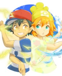 Rule 34 | 1boy, 1girl, :o, ash ketchum, back-to-back, baseball cap, black hair, blue eyes, brown eyes, commentary request, creatures (company), electricity, game freak, grin, hat, misty (pokemon), nintendo, orange hair, pokemon, pokemon (anime), pokemon sm, pokemon sm (anime), popela, shirt, short hair, smile, striped clothes, striped shirt, water