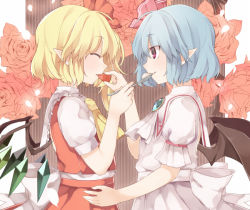 Rule 34 | 2girls, akagashi hagane, bat wings, blonde hair, blue hair, brooch, closed eyes, feeding, flandre scarlet, floral background, flower, food, fruit, hand on another&#039;s hip, jewelry, multiple girls, pink rose, pointy ears, profile, puffy short sleeves, puffy sleeves, remilia scarlet, rose, short hair, short sleeves, siblings, sisters, spoon, strawberry, striped, striped background, touhou, wings