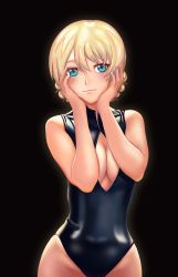 Rule 34 | 10s, 1girl, absurdres, black background, blonde hair, blue eyes, blue one-piece swimsuit, blush, braid, breasts, cleavage, cleavage cutout, clothing cutout, commentary request, darjeeling (girls und panzer), front zipper swimsuit, girls und panzer, hair between eyes, hands on own face, highres, large breasts, looking at viewer, meme attire, one-piece swimsuit, short hair, simple background, smile, solo, standing, swimsuit, twin braids, unzipped, zhao shixuan, zipper