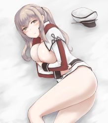 Rule 34 | 10s, 1girl, angoha, ass, blonde hair, blush, bottomless, breasts, brown eyes, capelet, celtic knot, covering privates, covering breasts, graf zeppelin (kancolle), hat, jacket, kantai collection, large breasts, looking at viewer, lying, military, military uniform, nipple slip, nipples, on side, open clothes, open jacket, peaked cap, sidelocks, solo, twintails, uniform