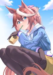 Rule 34 | 1girl, absurdres, animal ears, black gloves, black thighhighs, blue eyes, blue jacket, blue sky, blush, bow, brown hair, cloud, cloudy sky, commentary request, cup, disposable cup, drinking straw, drinking straw in mouth, gloves, hair between eyes, highres, holding, holding cup, hood, hood down, hoodie, horse ears, horse girl, horse tail, jacket, long hair, long sleeves, looking at viewer, multicolored hair, olecafe2, outdoors, pink bow, ponytail, shorts, sky, solo, squatting, streaked hair, tail, thighhighs, tokai teio (umamusume), umamusume, white hair, white hoodie, yellow shorts