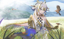 Rule 34 | 1girl, :d, absurdres, arknights, auguste, bare shoulders, bead bracelet, beads, bird, blonde hair, blue eyes, blue hair, bracelet, choker, commentary request, grass, highres, horns, jewelry, long hair, mountain, multicolored hair, necklace, off shoulder, open mouth, pants, shu (arknights), smile, solo, strapless, streaked hair, tube top, very long hair, white hair, white pants