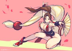 Rule 34 | 1girl, armpits, bouncing breasts, breasts, brown eyes, brown hair, cleavage, fatal fury, female focus, fighting stance, folding fan, forehead, full body, hand fan, high ponytail, highres, holding, holding fan, kotatsu (g-rough), large breasts, long hair, looking at viewer, matching hair/eyes, ninja, no bra, no panties, obi, pelvic curtain, ponytail, revealing clothes, rope, sash, shimenawa, shiranui mai, sideboob, signature, solo, tabi, the king of fighters