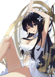 Rule 34 | 1girl, absurdres, arms up, azur lane, black hair, breasts, cleavage, detached collar, dress, elbow gloves, feet out of frame, flower, gloves, green eyes, hair between eyes, hair flower, hair ornament, highres, indomitable (azur lane), kass (2307603199), large breasts, long hair, one eye closed, see-through gloves, very long hair, white dress, white flower, white gloves