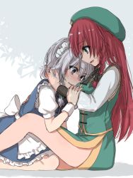 Rule 34 | apron, asa (coco), blue dress, blue eyes, blush, braid, chinese clothes, dress, from side, hair ribbon, head on chest, hong meiling, hug, izayoi sakuya, long hair, long sleeves, looking at another, maid, maid apron, maid headdress, open mouth, puffy short sleeves, puffy sleeves, red hair, ribbon, short hair, short sleeves, silver hair, sitting, skirt, skirt set, thighs, touhou, tress ribbon, twin braids, waist apron, wavy mouth, yuri