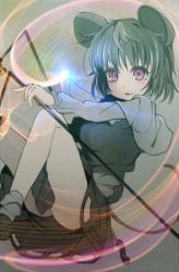 Rule 34 | 1girl, alternate eye color, animal ears, ass, bad id, bad pixiv id, blush, capelet, clothes between thighs, dowsing rod, glowing, gradient background, grey hair, legs up, long sleeves, looking at viewer, mouse ears, mouse tail, nazrin, open mouth, purple eyes, radiosity (yousei), shirt, short hair, skirt, skirt set, smile, socks, solo, tail, touhou