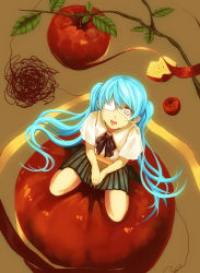 Rule 34 | 1girl, apple, aqua hair, bandage over one eye, eyepatch, female focus, food, fruit, hatsune miku, highres, kakage, long hair, looking up, open mouth, plant, school uniform, sitting, skirt, solo, tears, top secret (vocaloid), twintails, vocaloid