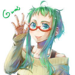 Rule 34 | 1girl, ahoge, bad id, bad twitter id, bare shoulders, blue eyes, bra strap, character name, commentary request, fingernails, green hair, gumi, hand up, jaco, lensless glasses, long sleeves, looking at viewer, nail polish, off shoulder, red-framed eyewear, red nails, ribbed sweater, semi-rimless eyewear, short hair with long locks, sidelocks, simple background, sleeves past wrists, smile, solo, sweater, under-rim eyewear, vocaloid, white background, yellow sweater
