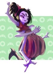 Rule 34 | 1girl, arthropod girl, colored skin, extra arms, extra eyes, high heels, insect girl, monster girl, muffet, puffy short sleeves, puffy sleeves, purple skin, short sleeves, smile, solo, spider girl, thighhighs, undertale