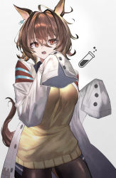Rule 34 | 1girl, absurdres, agnes tachyon (umamusume), ahoge, animal ears, breasts, brown eyes, brown hair, coat, commentary request, cowboy shot, earrings, hair between eyes, highres, horse ears, horse girl, horse tail, inumata ichini, jewelry, lab coat, long sleeves, open clothes, open coat, open mouth, pantyhose, shirt, short hair, simple background, sleeves past fingers, sleeves past wrists, solo, sweater, tail, test tube, umamusume, white shirt, wide sleeves, yellow sweater