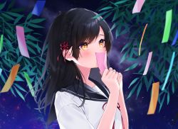Rule 34 | 1girl, black hair, black sailor collar, blush, braid, commentary request, covering own mouth, crying, crying with eyes open, flower knot, hair ribbon, highres, holding, leaf, long hair, looking away, looking up, night, night sky, orange eyes, original, outdoors, red ribbon, ribbon, sailor collar, school uniform, serafuku, shirt, short sleeves, sky, solo, star (sky), starry sky, swept bangs, tanabata, tears, tototete, upper body, white shirt