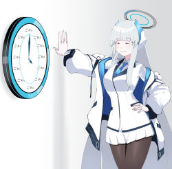 Rule 34 | 1girl, ^ ^, absurdres, arm support, benmeova, black pantyhose, blazer, blue archive, blue necktie, blunt bangs, clock, closed eyes, coat, collared shirt, commentary, english commentary, gomen yui, good heavens just look at the time (meme), grey hair, halo, hand on own hip, headgear, highres, indoors, jacket, long hair, long sleeves, looking at viewer, meme, mixed-language commentary, necktie, noa (blue archive), open clothes, open coat, pantyhose, pleated skirt, school uniform, shirt, sidelocks, simple background, skirt, smile, solo, translated, wall clock, white coat, white shirt, white skirt