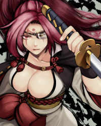 Rule 34 | 1girl, baiken, breasts, cleavage, collarbone, eyepatch, facial tattoo, guilty gear, holding, holding sword, holding weapon, japanese clothes, katana, large breasts, long hair, pink eyes, pink hair, reverse grip, scar, scar across eye, scar on face, solo, sword, tattoo, upper body, weapon, yuhji
