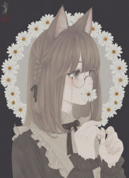 Rule 34 | 1girl, absurdres, animal ear fluff, animal ears, black bow, black bowtie, black dress, black ribbon, bow, bowtie, braid, brown dress, brown eyes, brown hair, cat ears, cat girl, collared dress, covered mouth, daisy, dress, eyewear strap, floral background, flower, flower border, frilled dress, frills, from side, glasses, hair ribbon, hands up, highres, holding, holding flower, long sleeves, looking away, medium hair, nail polish, original, ribbon, round eyewear, seal impression, side braid, signature, single braid, solo, two-tone dress, upper body, ushiyama ame, white flower, yellow nails