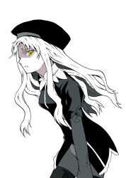 Rule 34 | 1girl, caren hortensia, dress, fate/hollow ataraxia, fate (series), hat, helping-hand, layered sleeves, long hair, pantyhose, puffy sleeves, simple background, solo, white background, white hair, yellow eyes