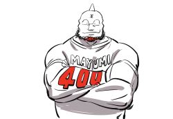 1boy absurdres beard broad_shoulders closed_eyes crossed_arms facial_hair highres kinniku_mayumi kinnikuman male_focus muscular muscular_male shirt short_sleeves simple_background smile sushio white_background